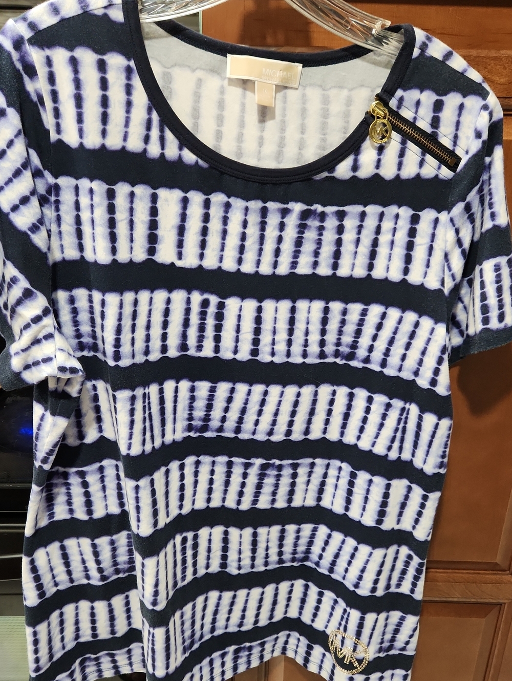 Michael Kors Navy and White Striped Short Sleeve Tee with Gold Zip Accent